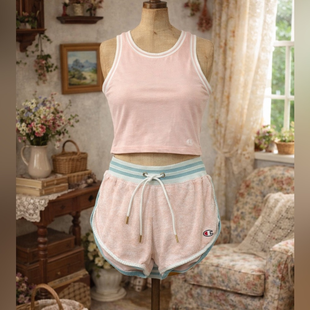 Champion Pink Terry Athletic Shorts with Blue Trim